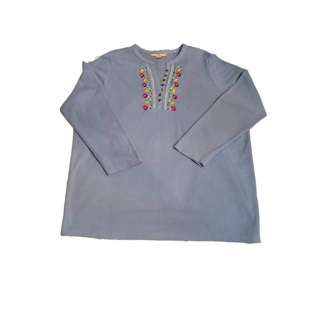 Woman Within Waffle Knit Henley 18 20 Floral Embroidered Thermal Tunic Top Soft